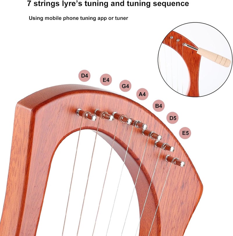 LIEKE 7 String Lyre Harp Instrument with Tuning Wrench,Metal Strings,Bag, Mahogany Body and Bone Saddle,Lyre Harp Kit Gift for Kids Adults Beginner - Image 4